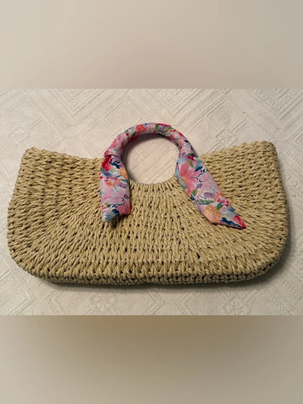 Tote - straw - scarf wrapped handles - small 15.5x3x8. Cute & perfect New NWT - Picture 2 of 12